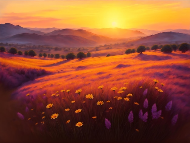 Abstract art oil painting of field flowers at sunset Impressionist style