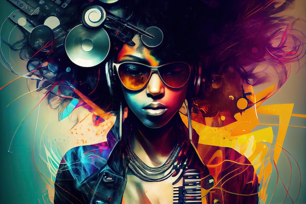 Abstract art in overlap musician with hairstyle decorated by instrument design