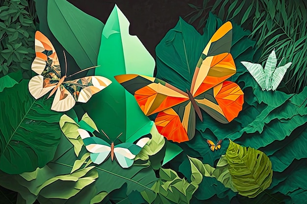 Abstract art paper collage with butterflies and green leaves created with generative ai