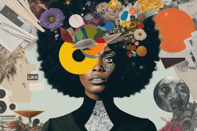 Abstract art portrait of young black woman face in collage style generative AI