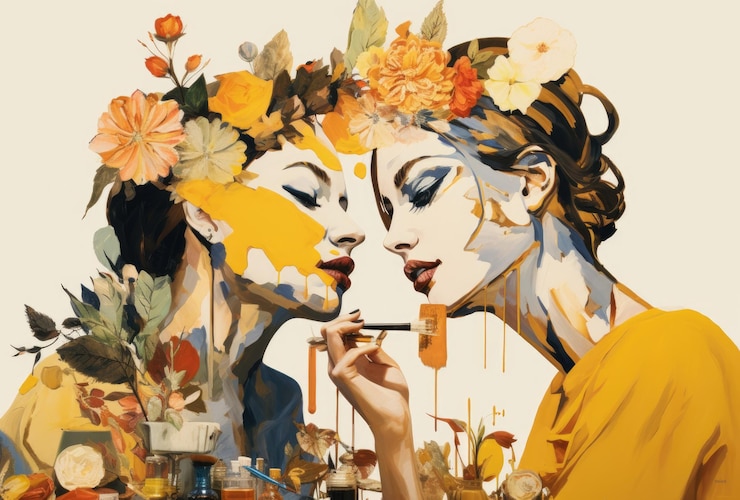Photo abstract art portrait of young woman with flowers decoration comeliness