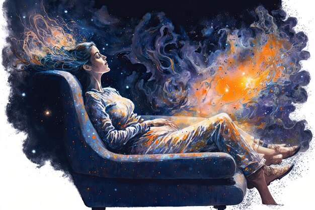 Abstract art of sitting woman among galaxy in mental health of vastness