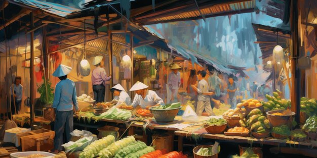 ベトナムの生鮮市場イラスト絵画の抽象芸術