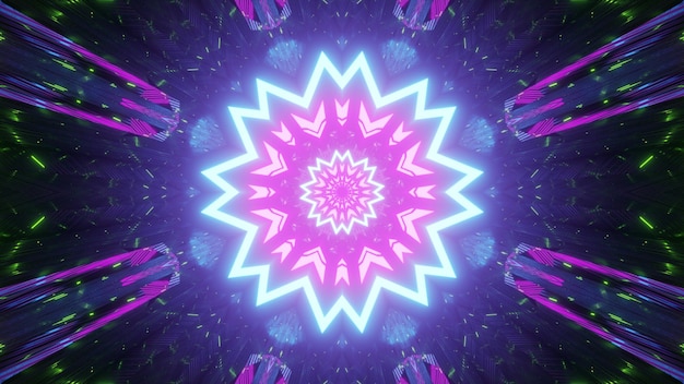 Абстрактное искусство визуальный футуристический фон с блестящим неоновым геометрическим орнаментом в форме цветка и полосами со световым эффектом