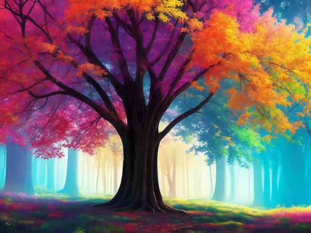 큰 나무 배경 다채로운 숲 ai 생성 추상 미술 벽지 그림