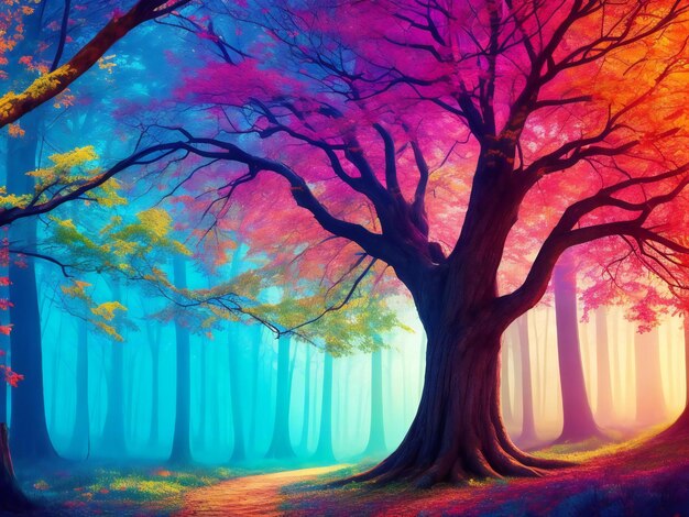 Abstract art wallpaper illustration with big tree background colorful forest ai generated