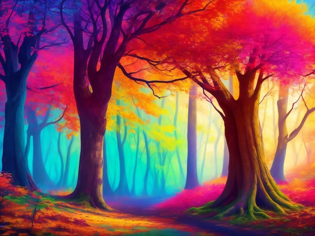 Abstract art wallpaper illustration with big tree background colorful forest ai generated