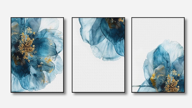 Photo abstract art watercolor painting trendy modern art triptych flowers texture goldabstract painting