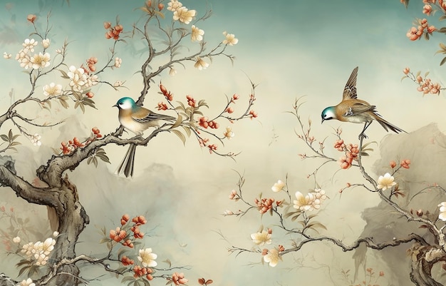 Photo abstract artistic background vintage illustration flowers branches birds gold modern art