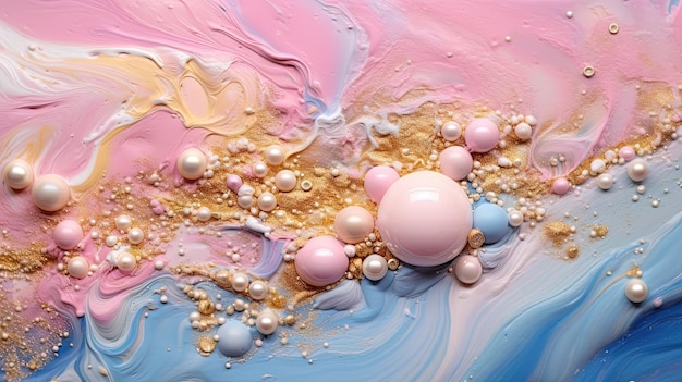 珍珠色のピンクの大理石とホログラフィックな金色の塗料の斑点で抽象的な芸術的な背景