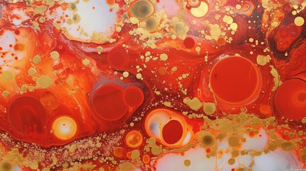 Abstract artistic background with red marble and golden paint stains generated ai