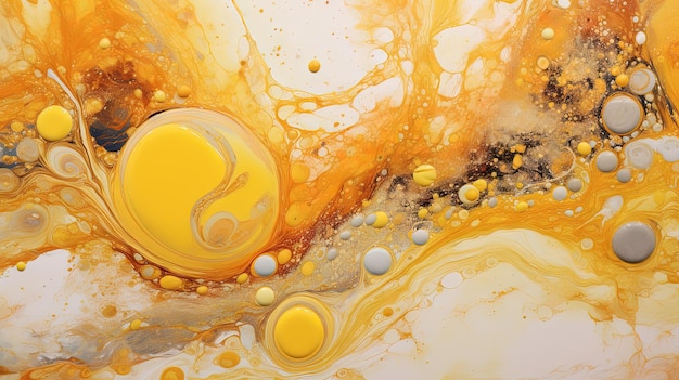 黄色い大理石と金色の塗料の斑点を持つ抽象的な芸術的な背景