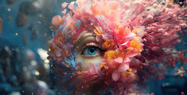 Abstract and artistic surreal and imaginative image of a woman surrounded by different colors