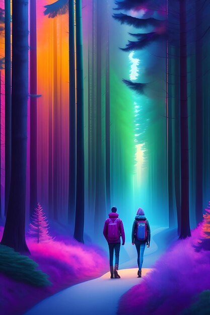 Abstract artistic surreal landscape colorful forest with silhouette people