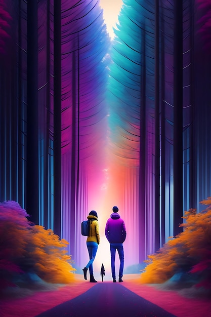 Abstract artistic surreal landscape colorful forest with silhouette people