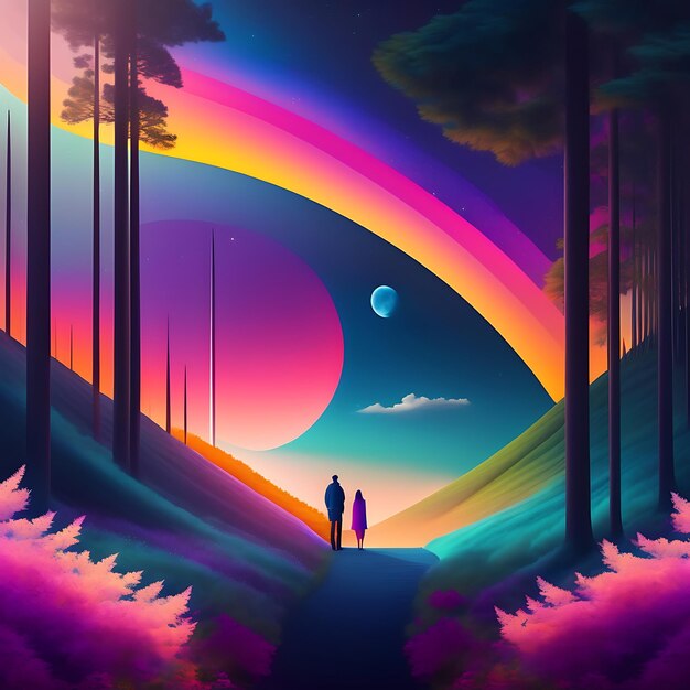 Abstract artistic surreal landscape colorful forest with silhouette people