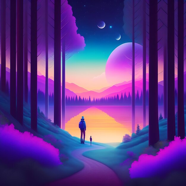 Abstract artistic surreal landscape colorful forest with silhouette people