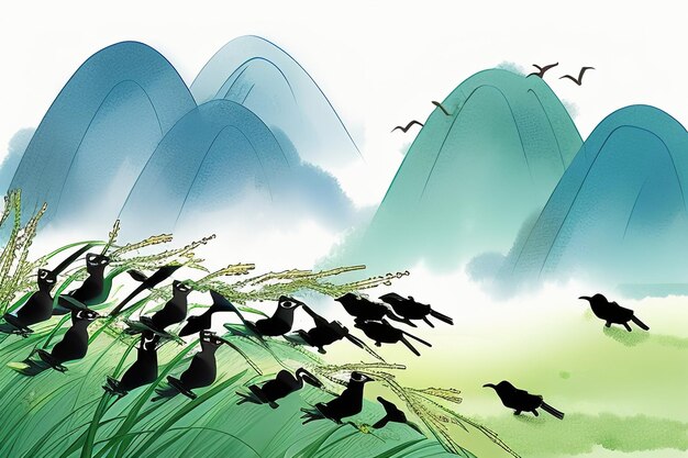 Abstract artistic watercolor ink style mountain bird animal sun nature landscape illustration