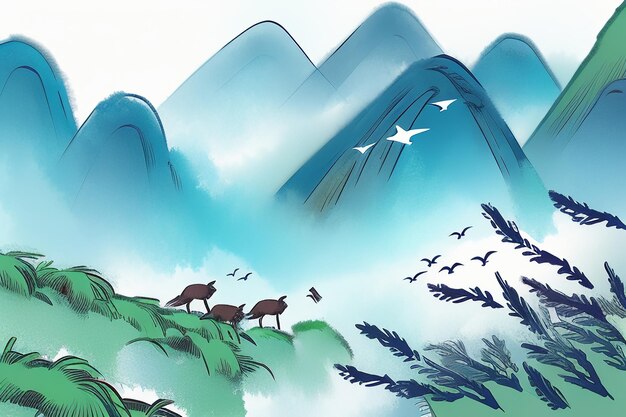 Photo abstract artistic watercolor ink style mountain bird animal sun nature landscape illustration