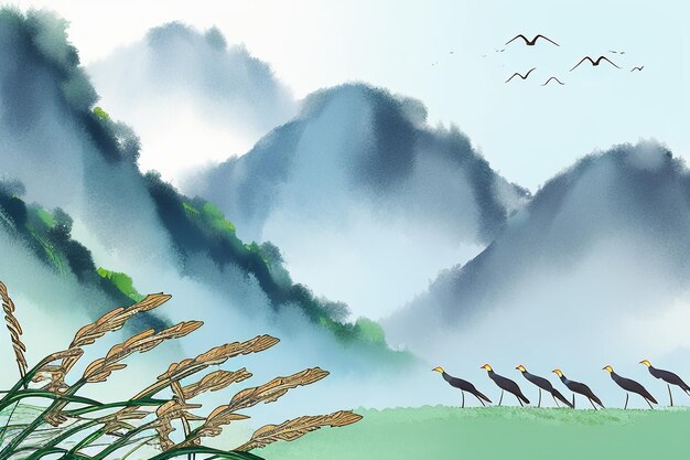 추상 예술 수채화 잉크 스타일 산 새 동물 태양 자연 풍경 그림