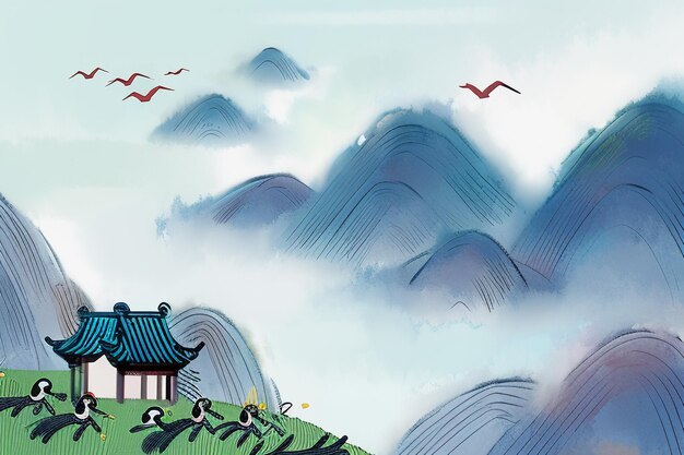 사진 추상 예술 수채화 잉크 스타일 산 새 동물 태양 자연 풍경 그림