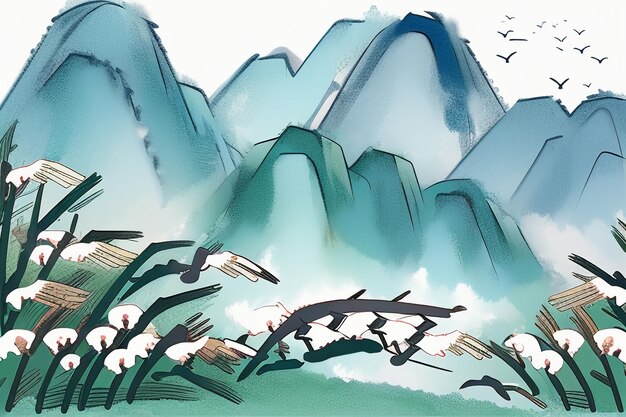 Abstract artistic watercolor ink style mountain bird animal sun nature landscape illustration