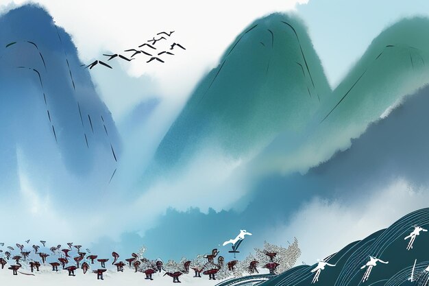 Abstract artistic watercolor ink style mountain bird animal sun nature landscape illustration