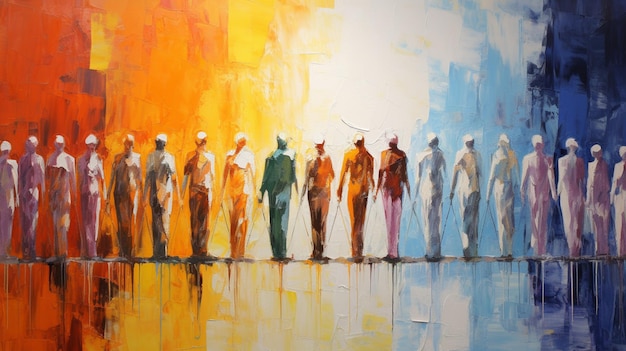 Abstract artwork of people trying to stand hand in hand