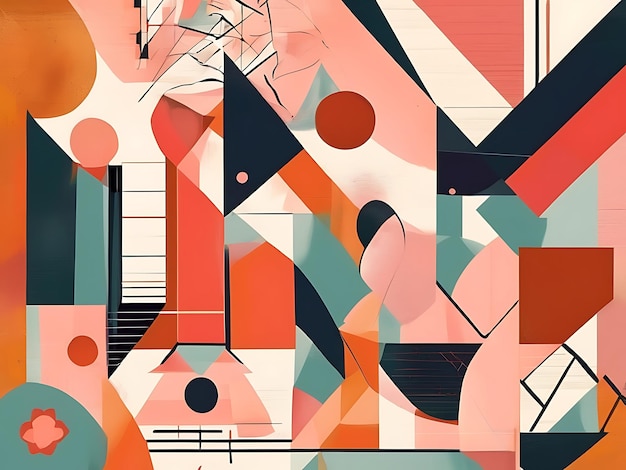 Abstract artwork showcases a vibrant dance of geometric shapes including a sun and leaves