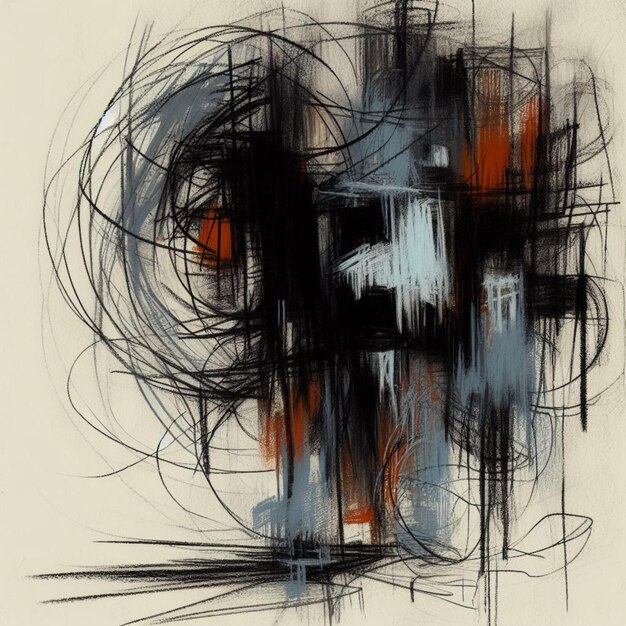 Abstract artwork with swirling black lines and bold orange accents on a textured neutral background evokes powerful motion and emotion