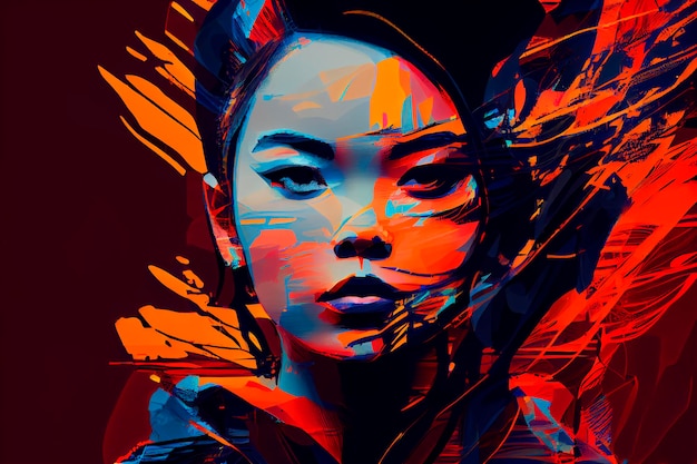 Abstract asian woman portrait with glitch effect illustration