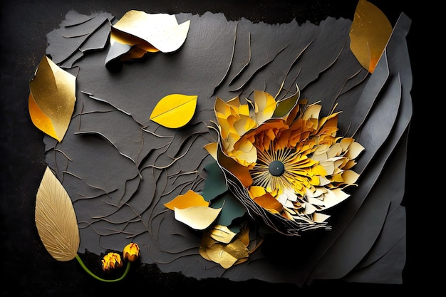 Abstract assemblage with yellow flower petals on dark background paper collage