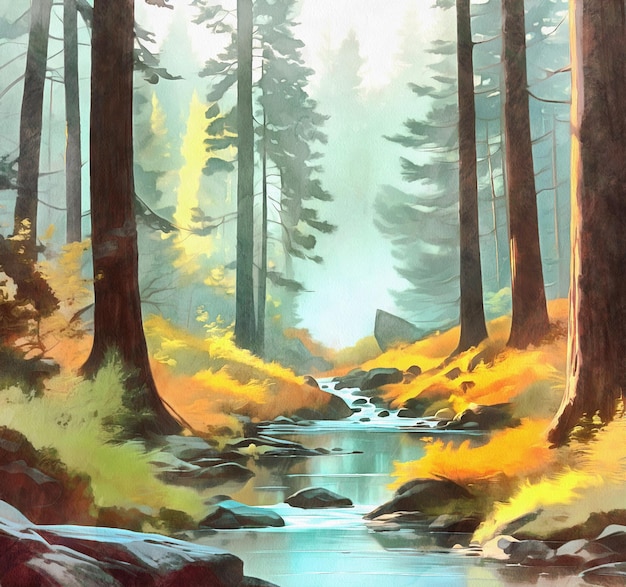 写真 抽象的な秋の森と流れる川の水彩画