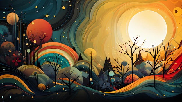 abstract autumn landscape with trees at night