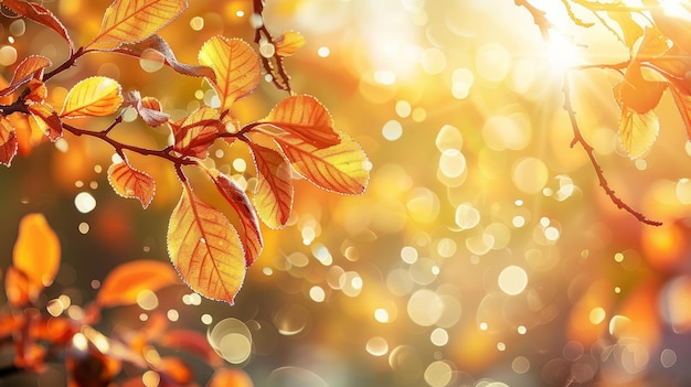 Abstract autumn nature background with leaves on a branch glowing sun and warm seasonal colors