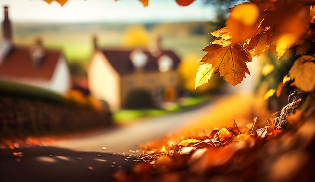 Фото Абстрактная осенняя сцена и английский деревенский дом в стиле деревни на фоне красивой сельской природы с осенними листьями и боке.
