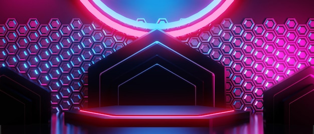 Photo abstract backgound video game of esports scifi gaming cyberpunk vr virtual reality simulation and metaverse scene stand pedestal stage 3d illustration rendering futuristic neon glow room