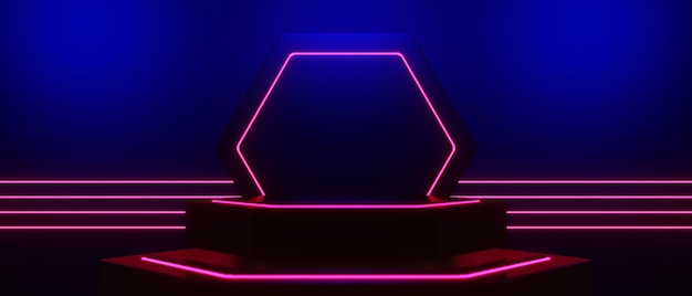 Sfondo astratto videogioco di esports scifi gaming cyberpunk vr simulazione di realtà virtuale e scena metaverse stand piedistallo fase 3d illustrazione rendering futuristico neon glow room