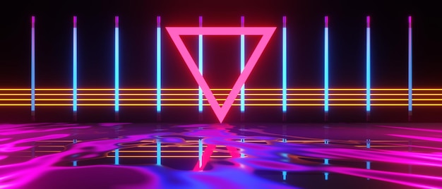 Foto sfondo astratto videogioco di esport giochi di fantascienza cyberpunk, simulazione di realtà virtuale vr e metaverso, scena del piedistallo, rendering di illustrazioni 3d, stanza luminosa al neon futuristica