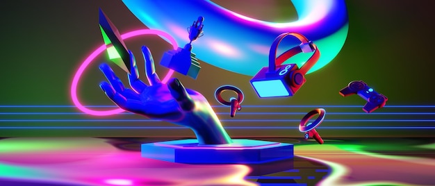 eスポーツSFゲームサイバーパンクVRバーチャルリアリティシミュレーションとメタバースシーンスタンド台座ステージ3Dイラストレンダリング未来的なネオングロールームの抽象的な背景ビデオゲーム
