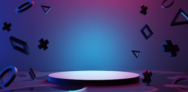 abstract backgound video game of esports scifi gaming cyberpunk vr virtual reality simulation and metaverse scene stand pedestal stage 3d illustration rendering futuristic neon glow room