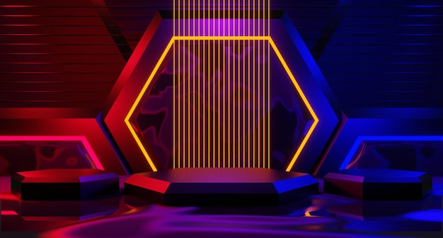 Abstract backgound video game of esports scifi gaming cyberpunk vr virtual reality simulation and metaverse scene stand pedestal stage 3d illustration rendering futuristic neon glow room