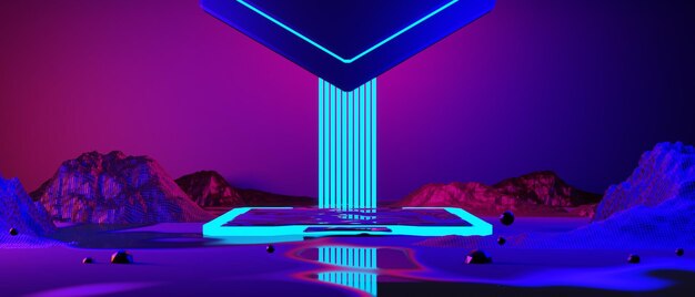 Abstract backgound video game of esports scifi gaming cyberpunk vr virtual reality simulation and metaverse scene stand pedestal stage 3d illustration rendering futuristic neon glow room