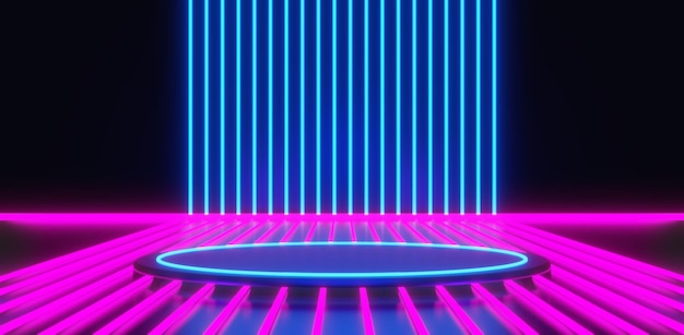 Abstract backgound video game of scifi gaming cyberpunk vr virtual reality simulation and metaverse scene stand pedestal stage 3d illustration rendering futuristic neon glow room