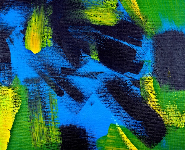 Sfondo astratto acrilico nero giallo blu verde colori pittura su tela fatta a mano