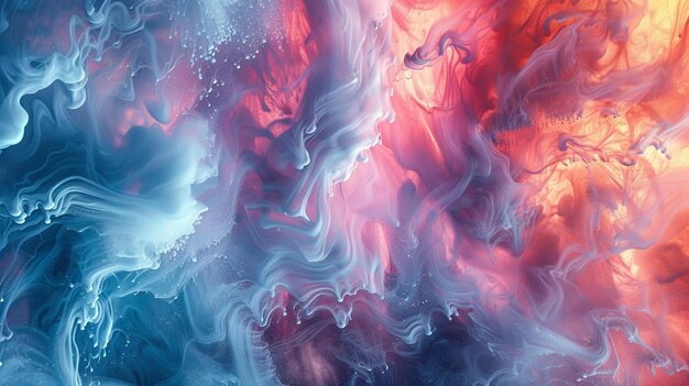 Photo abstract background of acrylic paint in red blue and pink colors liquid marble texture fluid art