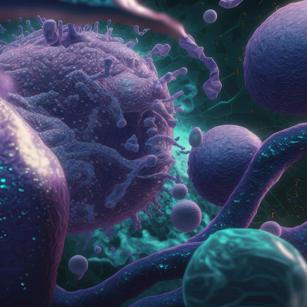 Фото Абстрактные фоновые бактерии и вирусы 3d иллюстрации научный фон микрокосма. ии визуализировать