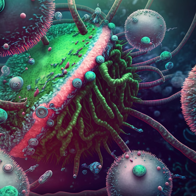 Abstract background bacteria and viruses 3D illustration Scientific microcosm background. Ai render