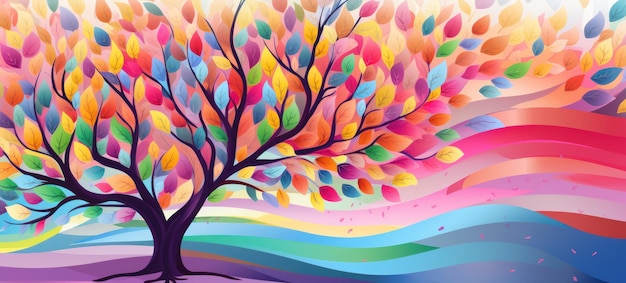 Abstract background banner with tree with colorful leaves surreal stained glass illustration with co