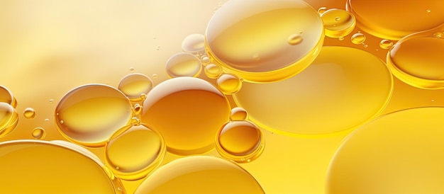 Abstract background banner with various yellow bubbles of oil or serum providing copy space Represents